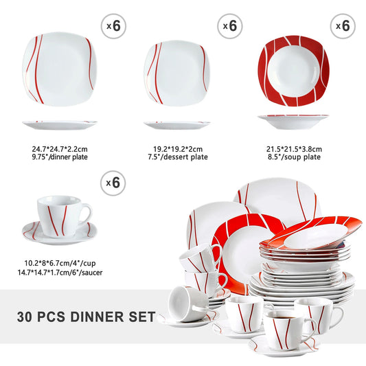 30 Piece Red Stripes Ivory White Porcelain Dinner Set with 6 Piece Cups Saucers Dessert Soup Dinner Plate - DailyBasicNeeds.com