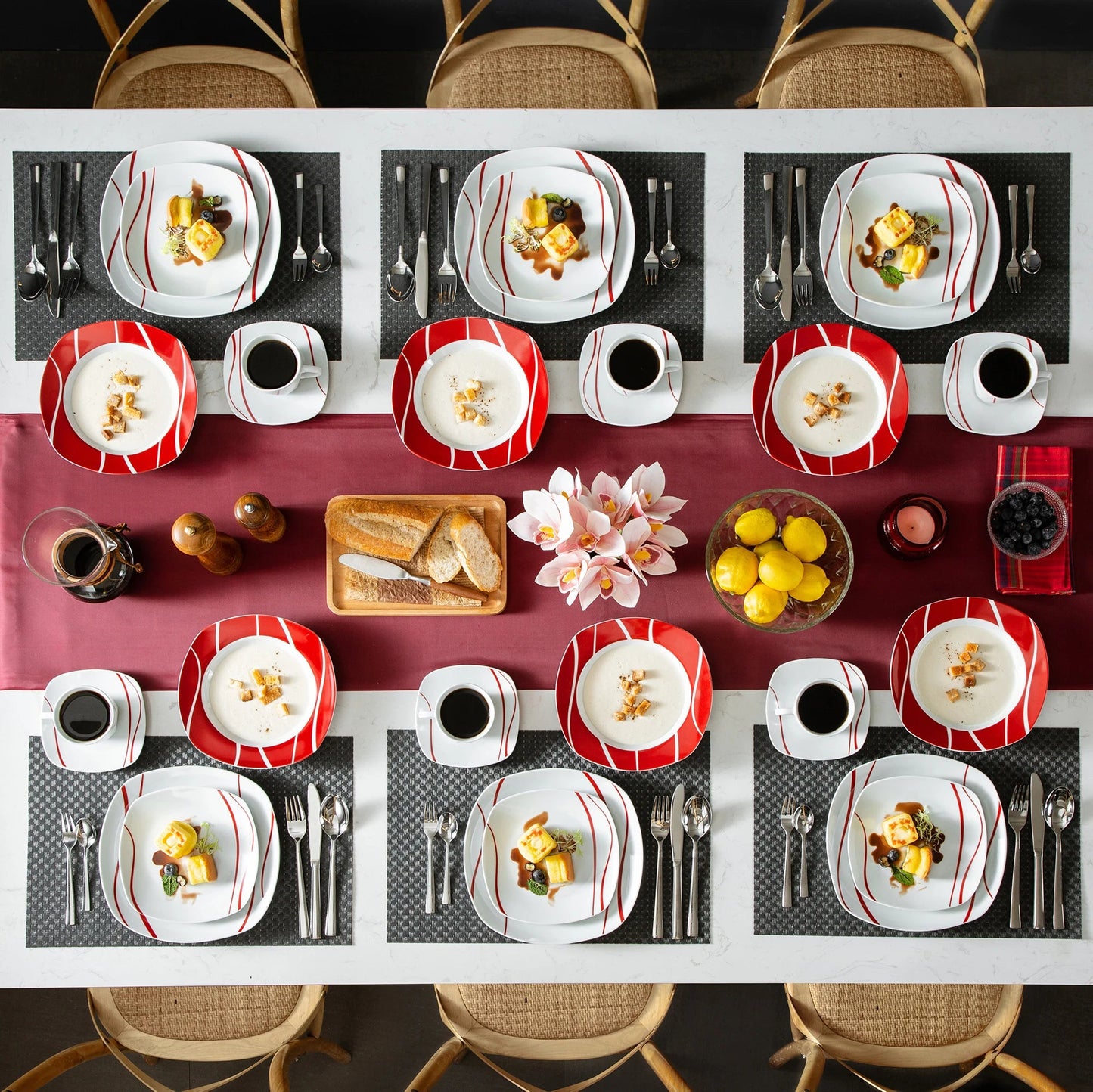 30 Piece Red Stripes Ivory White Porcelain Dinner Set with 6 Piece Cups Saucers Dessert Soup Dinner Plate - DailyBasicNeeds.com