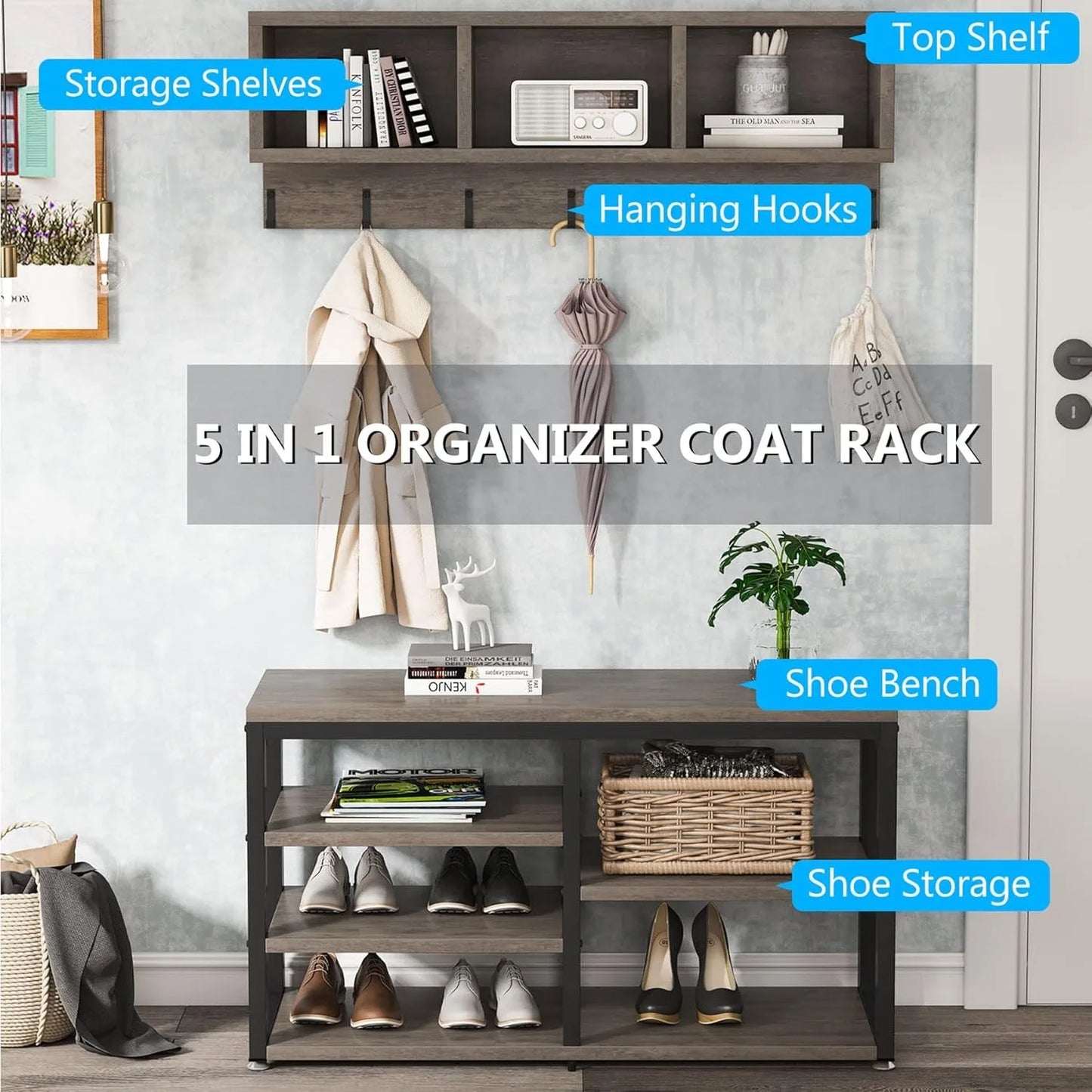 7 Hooks for Entryway Hallway with Shoe Bench Set