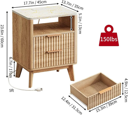 Nightstand with Charging Station, 2 Wood Drawers