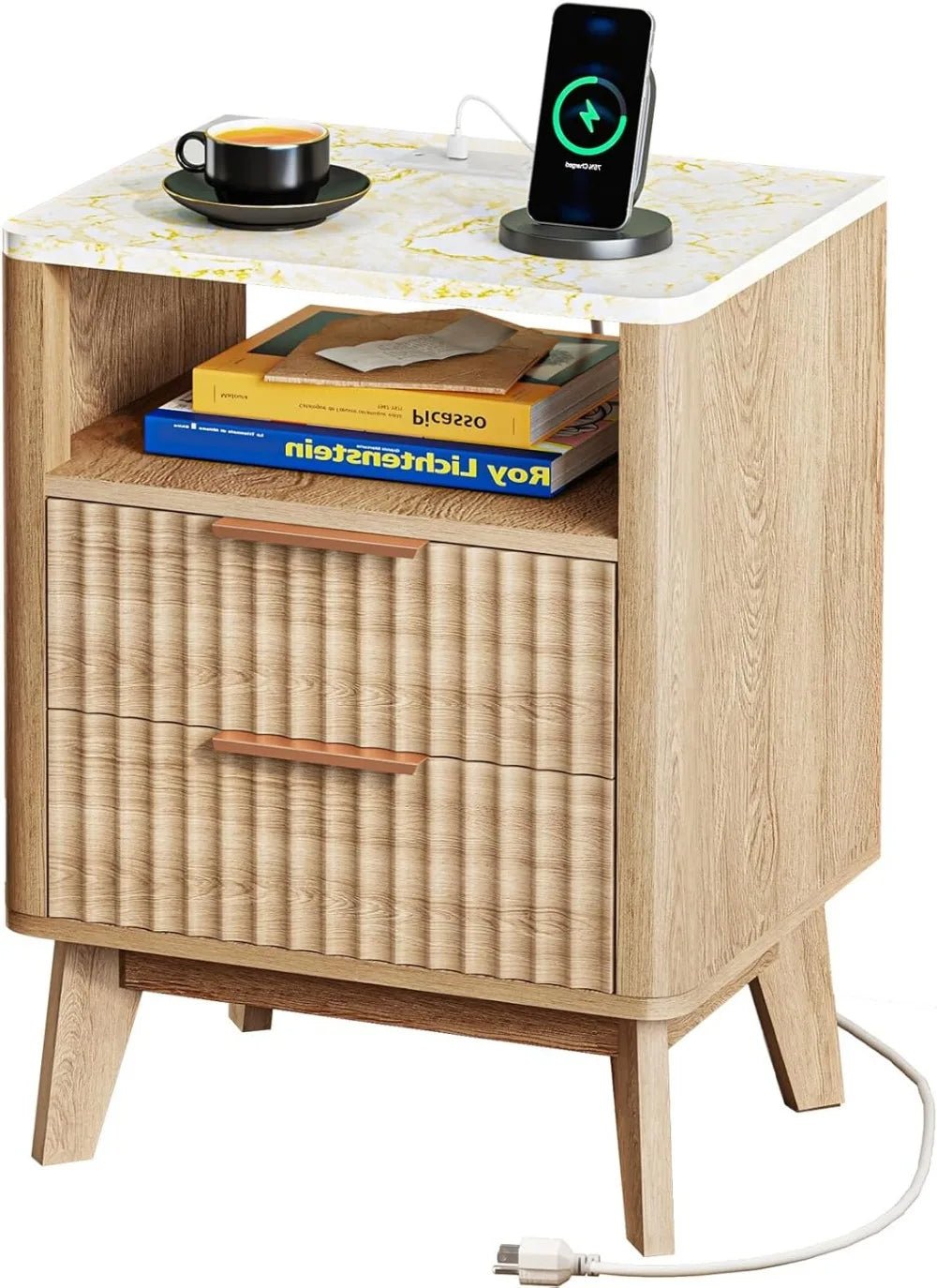 Nightstand with Charging Station, 2 Wood Drawers - DailyBasicNeeds.com