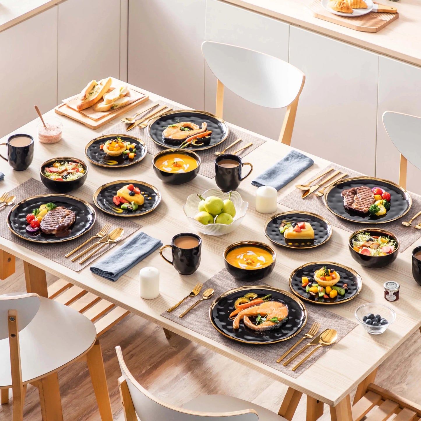 16/32 Piece Black Porcelain Dinnerware Set with Gold Trim - DailyBasicNeeds.com
