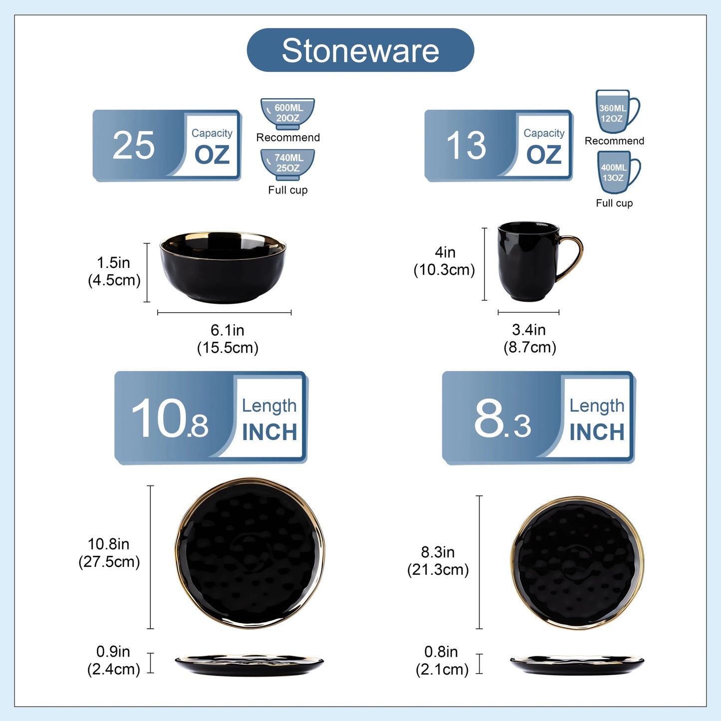 16/32 Piece Black Porcelain Dinnerware Set with Gold Trim - DailyBasicNeeds.com