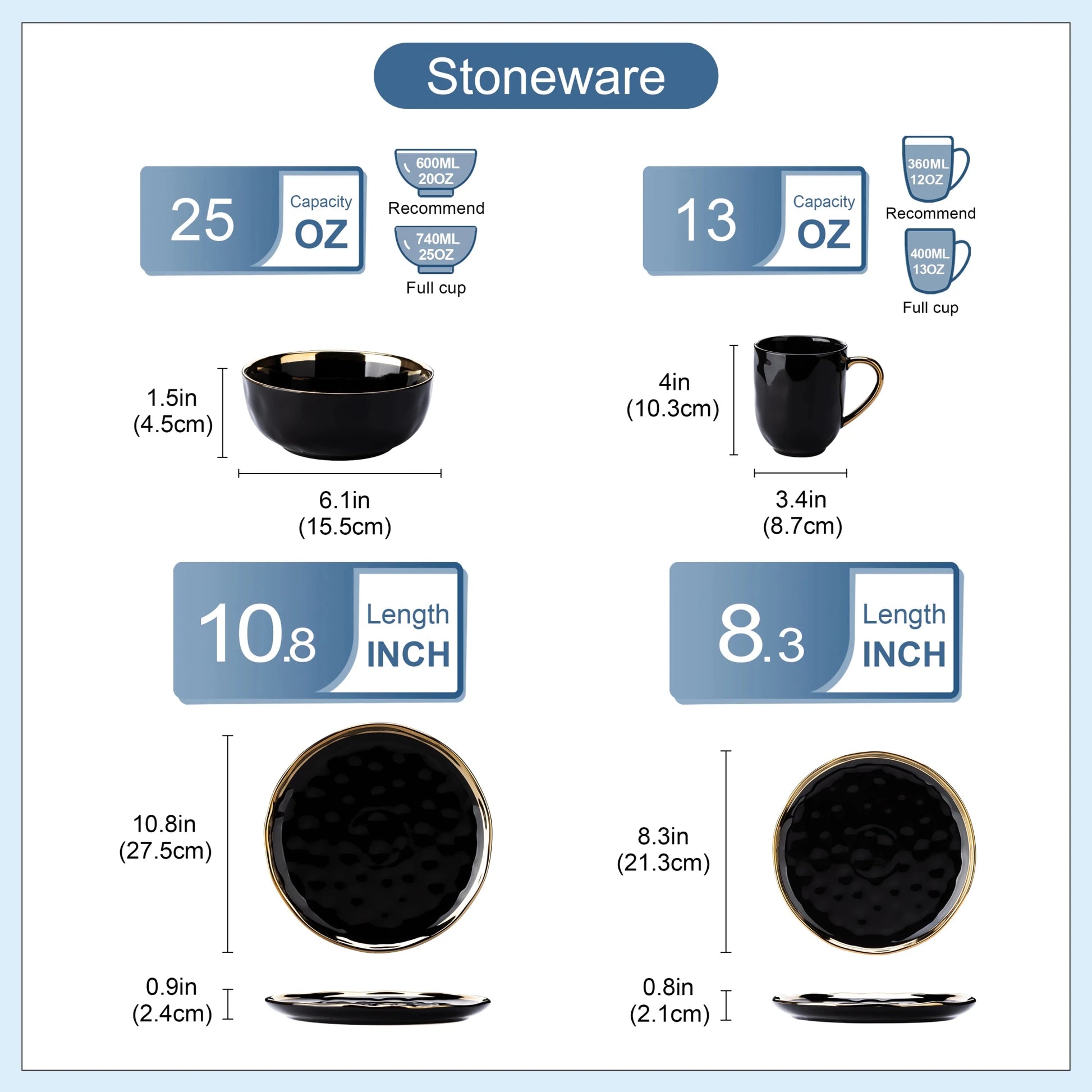 16/32 Piece Black Porcelain Dinnerware Set with Gold Trim - DailyBasicNeeds.com