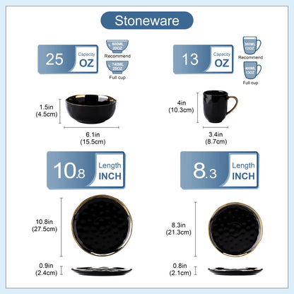 16/32 Piece Black Porcelain Dinnerware Set with Gold Trim - DailyBasicNeeds.com