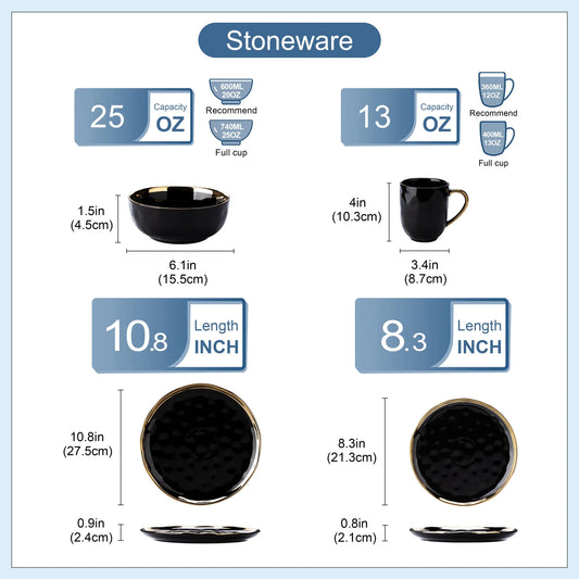 16/32 Piece Black Porcelain Dinnerware Set with Gold Trim - DailyBasicNeeds.com