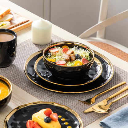 16/32 Piece Black Porcelain Dinnerware Set with Gold Trim - DailyBasicNeeds.com