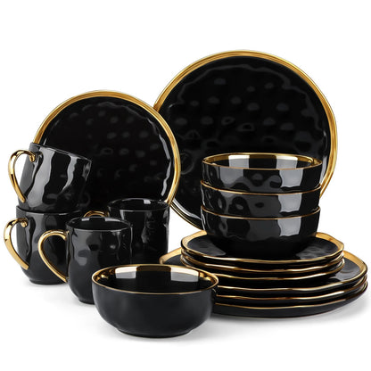 16/32 Piece Black Porcelain Dinnerware Set with Gold Trim - DailyBasicNeeds.com
