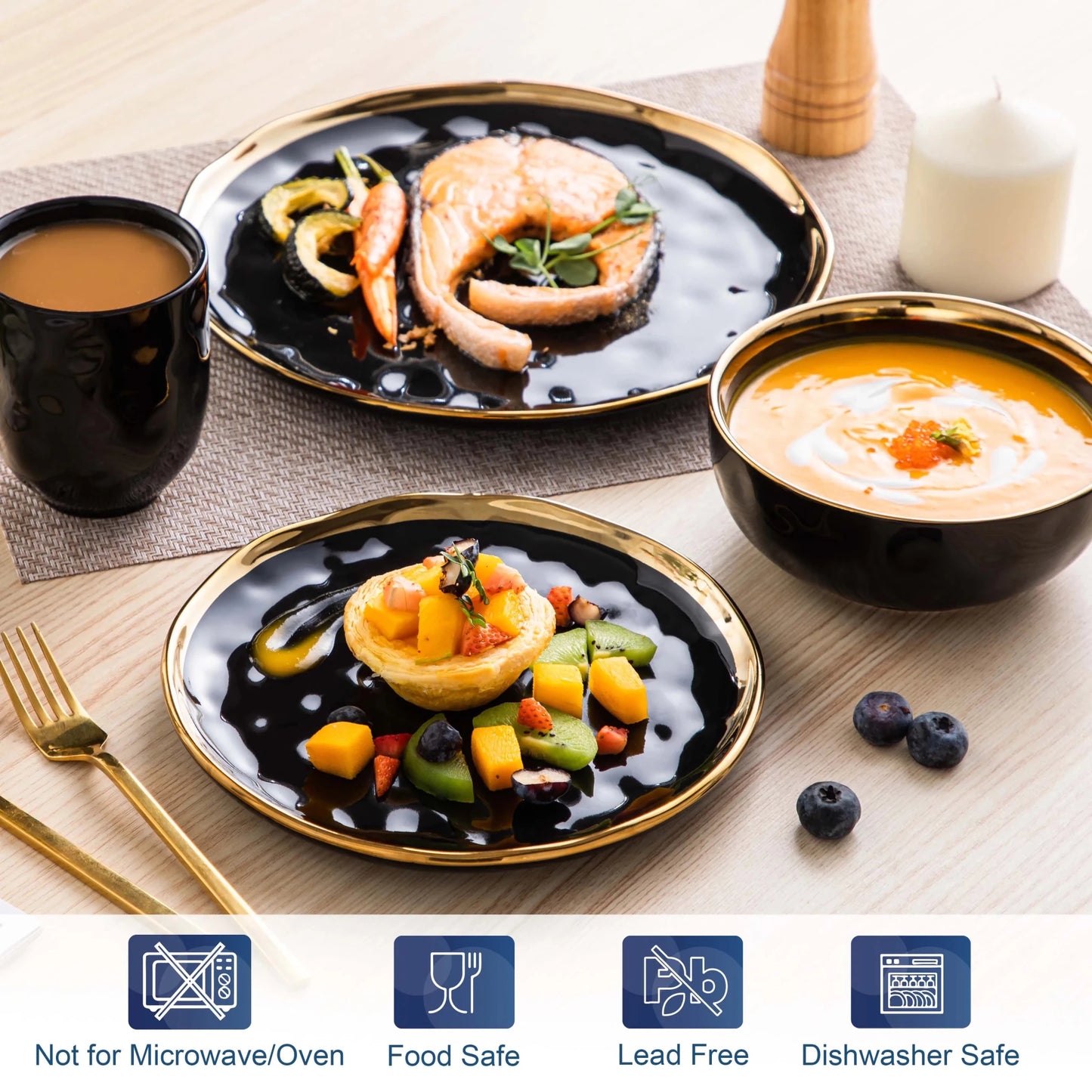 16/32 Piece Black Porcelain Dinnerware Set with Gold Trim - DailyBasicNeeds.com