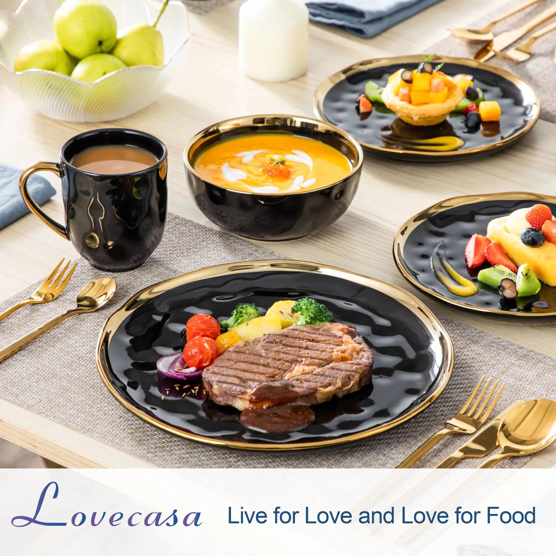 16/32 Piece Black Porcelain Dinnerware Set with Gold Trim - DailyBasicNeeds.com