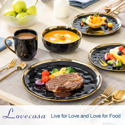 16/32 Piece Black Porcelain Dinnerware Set with Gold Trim - DailyBasicNeeds.com
