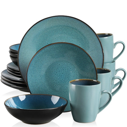 16/32/48 - Piece Tableware Set Vintage Ceramic Blue/Brown Stoneware Set - DailyBasicNeeds.com
