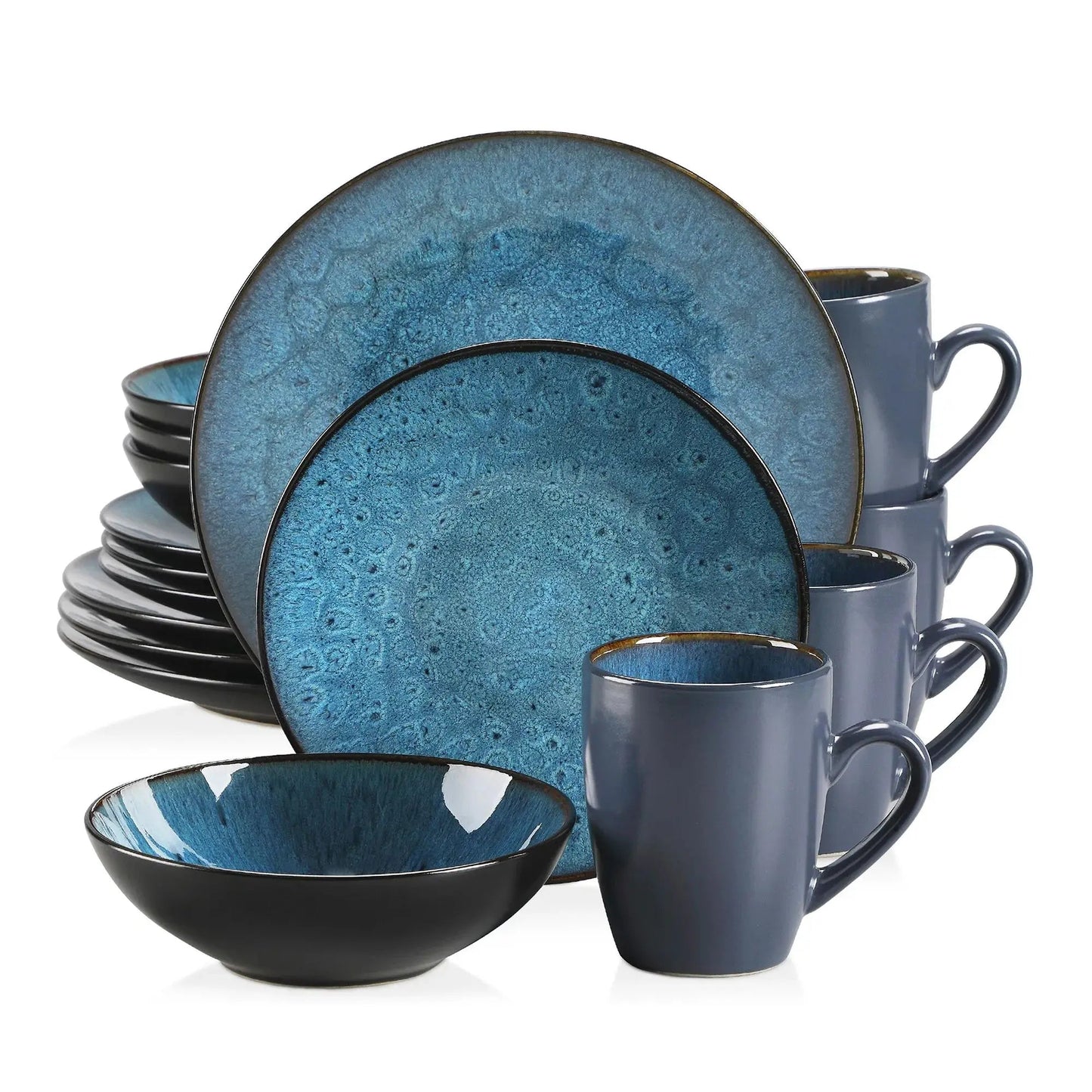 16/32/48 - Piece Tableware Set Vintage Ceramic Blue/Brown Stoneware Set - DailyBasicNeeds.com