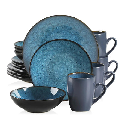 16/32/48 - Piece Tableware Set Vintage Ceramic Blue/Brown Stoneware Set - DailyBasicNeeds.com