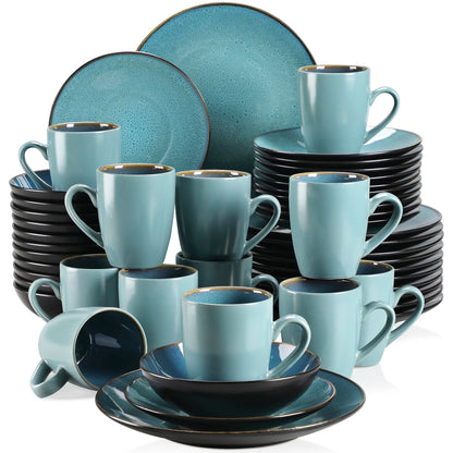 16/32/48 - Piece Tableware Set Vintage Ceramic Blue/Brown Stoneware Set - DailyBasicNeeds.com