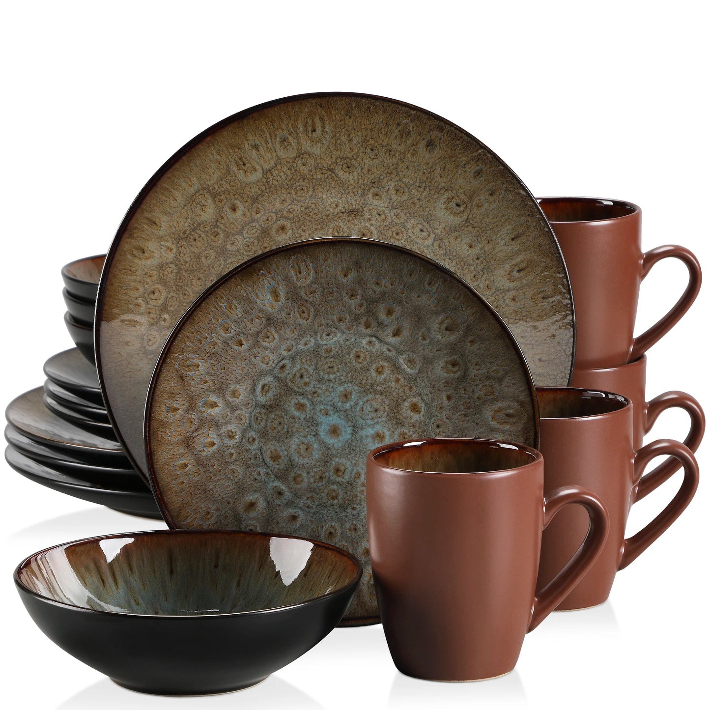 16/32/48 - Piece Tableware Set Vintage Ceramic Blue/Brown Stoneware Set - DailyBasicNeeds.com
