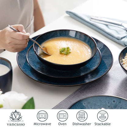 16/32/48 - Piece Tableware Set Vintage Ceramic Blue/Brown Stoneware Set - DailyBasicNeeds.com