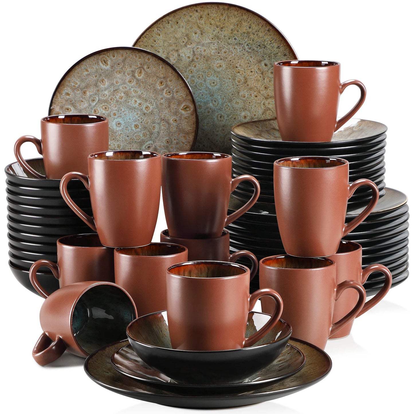 16/32/48 - Piece Tableware Set Vintage Ceramic Blue/Brown Stoneware Set - DailyBasicNeeds.com