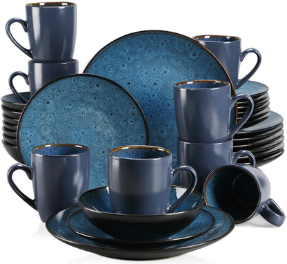 16/32/48 - Piece Tableware Set Vintage Ceramic Blue/Brown Stoneware Set - DailyBasicNeeds.com