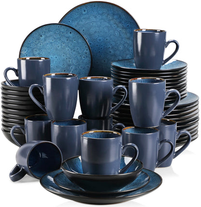 16/32/48 - Piece Tableware Set Vintage Ceramic Blue/Brown Stoneware Set - DailyBasicNeeds.com