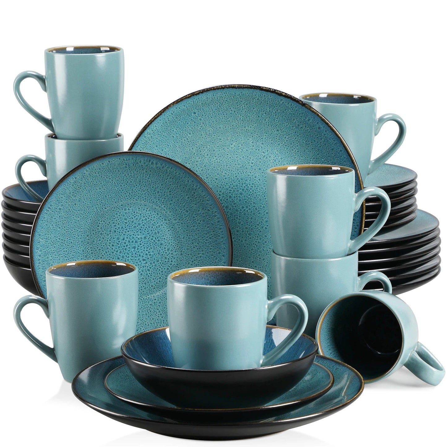 16/32/48 - Piece Tableware Set Vintage Ceramic Blue/Brown Stoneware Set - DailyBasicNeeds.com