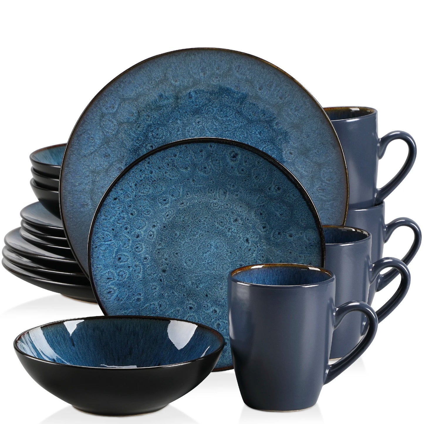 16/32/48 - Piece Tableware Set Vintage Ceramic Blue/Brown Stoneware Set - DailyBasicNeeds.com