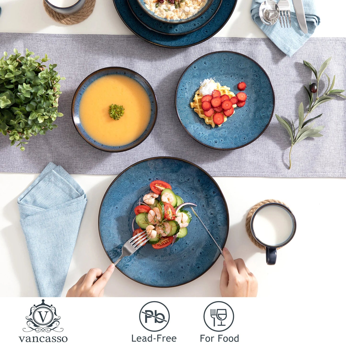 16/32/48 - Piece Tableware Set Vintage Ceramic Blue/Brown Stoneware Set - DailyBasicNeeds.com