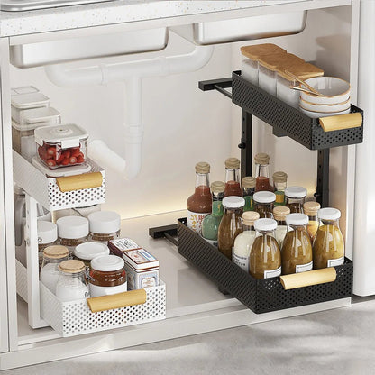 2 Tier Pull out Cabinet Organizer with Metal Sliding Drawers Slide - DailyBasicNeeds.com