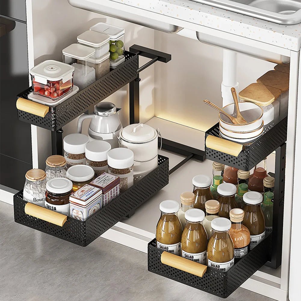 2 Tier Pull out Cabinet Organizer with Metal Sliding Drawers Slide - DailyBasicNeeds.com