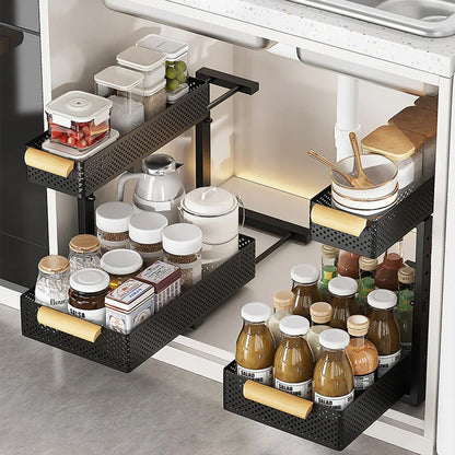 2 Tier Pull out Cabinet Organizer with Metal Sliding Drawers Slide - DailyBasicNeeds.com