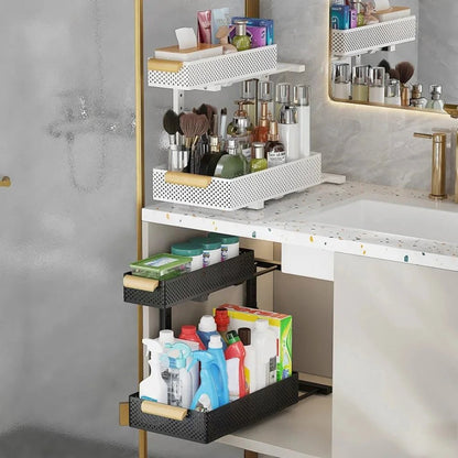 2 Tier Pull out Cabinet Organizer with Metal Sliding Drawers Slide - DailyBasicNeeds.com