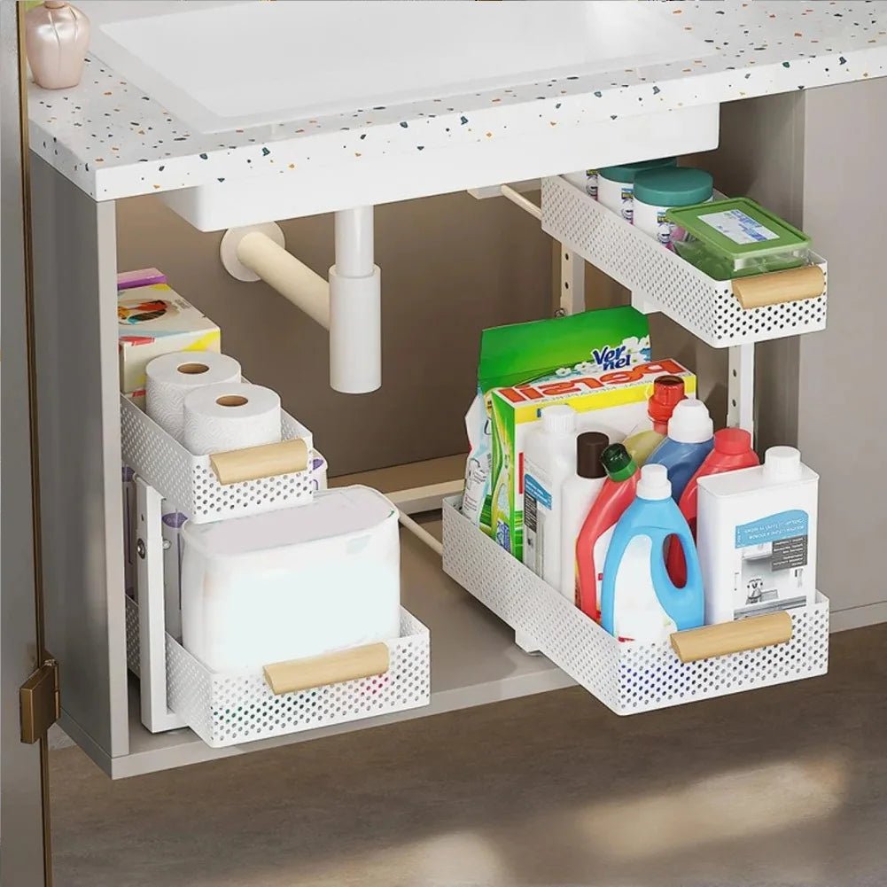 2 Tier Pull out Cabinet Organizer with Metal Sliding Drawers Slide - DailyBasicNeeds.com