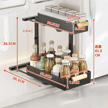 2 Tier Pull out Cabinet Organizer with Metal Sliding Drawers Slide - DailyBasicNeeds.com