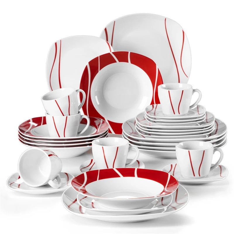 30 Piece Red Stripes Ivory White Porcelain Dinner Set with 6 Piece Cups Saucers Dessert Soup Dinner Plate - DailyBasicNeeds.com