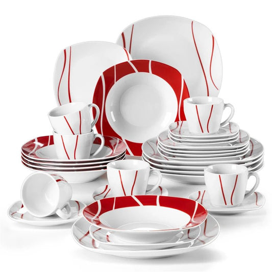 30 Piece Red Stripes Ivory White Porcelain Dinner Set with 6 Piece Cups Saucers Dessert Soup Dinner Plate - DailyBasicNeeds.com