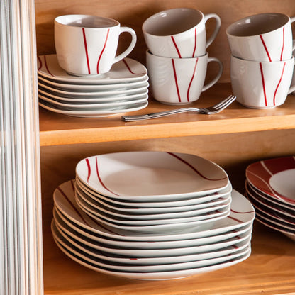 30 Piece Red Stripes Ivory White Porcelain Dinner Set with 6 Piece Cups Saucers Dessert Soup Dinner Plate - DailyBasicNeeds.com