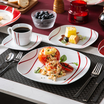 30 Piece Red Stripes Ivory White Porcelain Dinner Set with 6 Piece Cups Saucers Dessert Soup Dinner Plate - DailyBasicNeeds.com