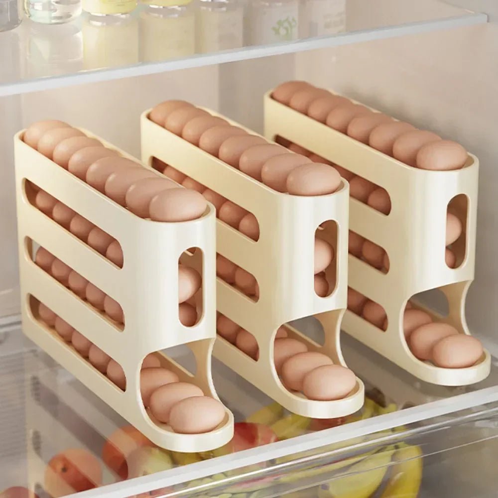 4 Layers Automatic Rolling Egg Holder Rack Fridge Egg Storage Box Container Kitchen Refrigerator Egg Dispenser Fridge Organizer - DailyBasicNeeds.com