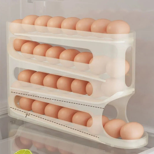 4 Layers Automatic Rolling Egg Holder Rack Fridge Egg Storage Box Container Kitchen Refrigerator Egg Dispenser Fridge Organizer - DailyBasicNeeds.com