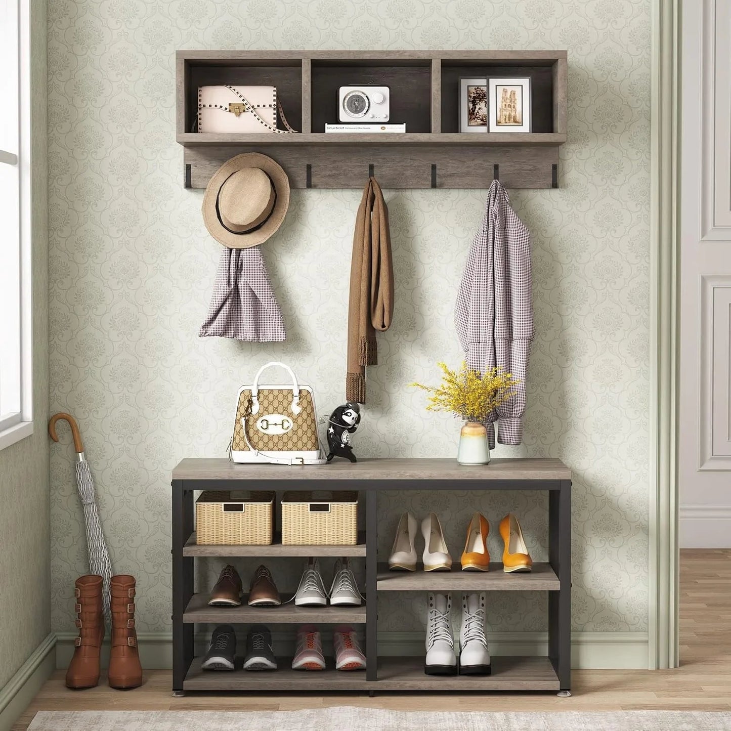 7 Hooks for Entryway Hallway with Shoe Bench Set - DailyBasicNeeds.com