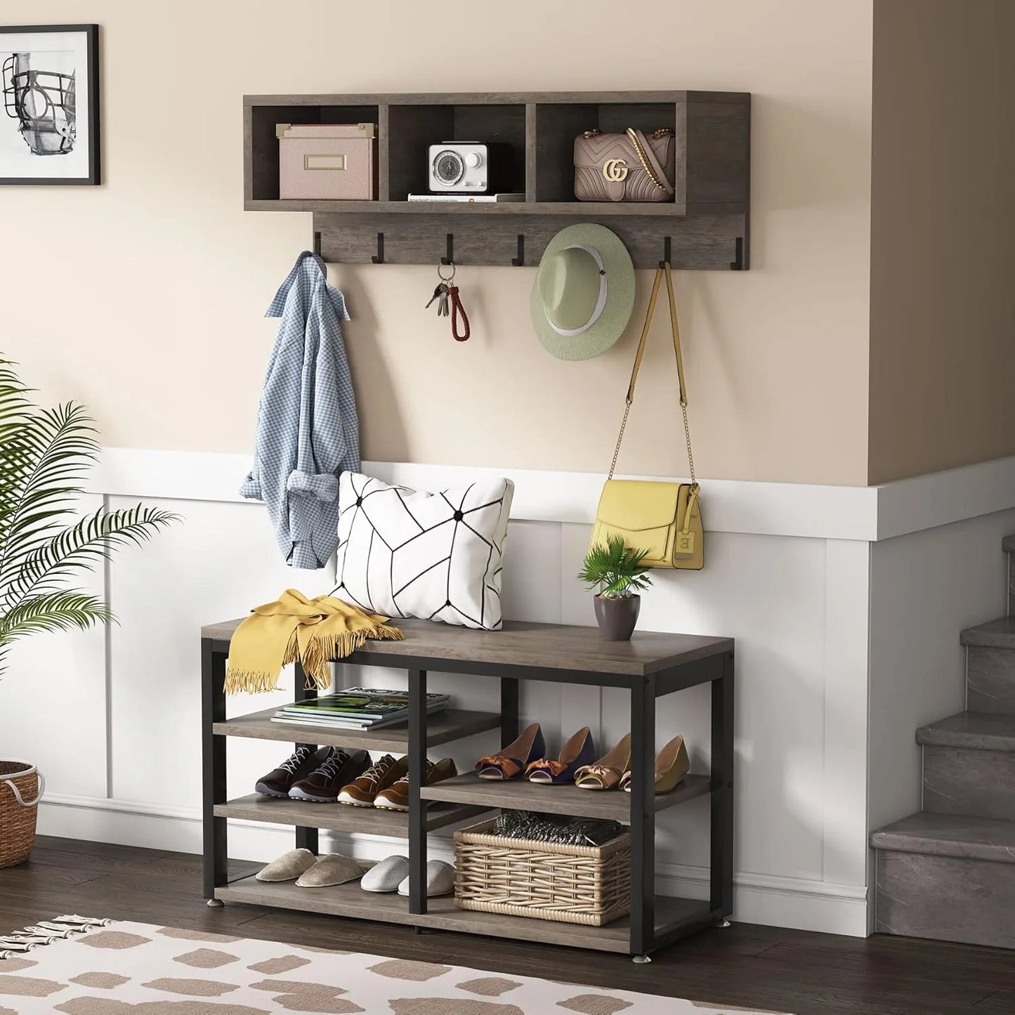 7 Hooks for Entryway Hallway with Shoe Bench Set