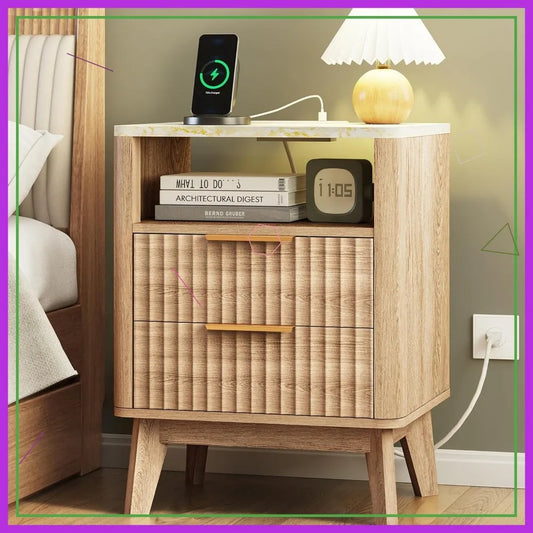 Nightstand with Charging Station, 2 Wood Drawers
