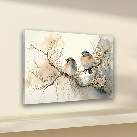 Framed colorful abstract birds and blooming tree