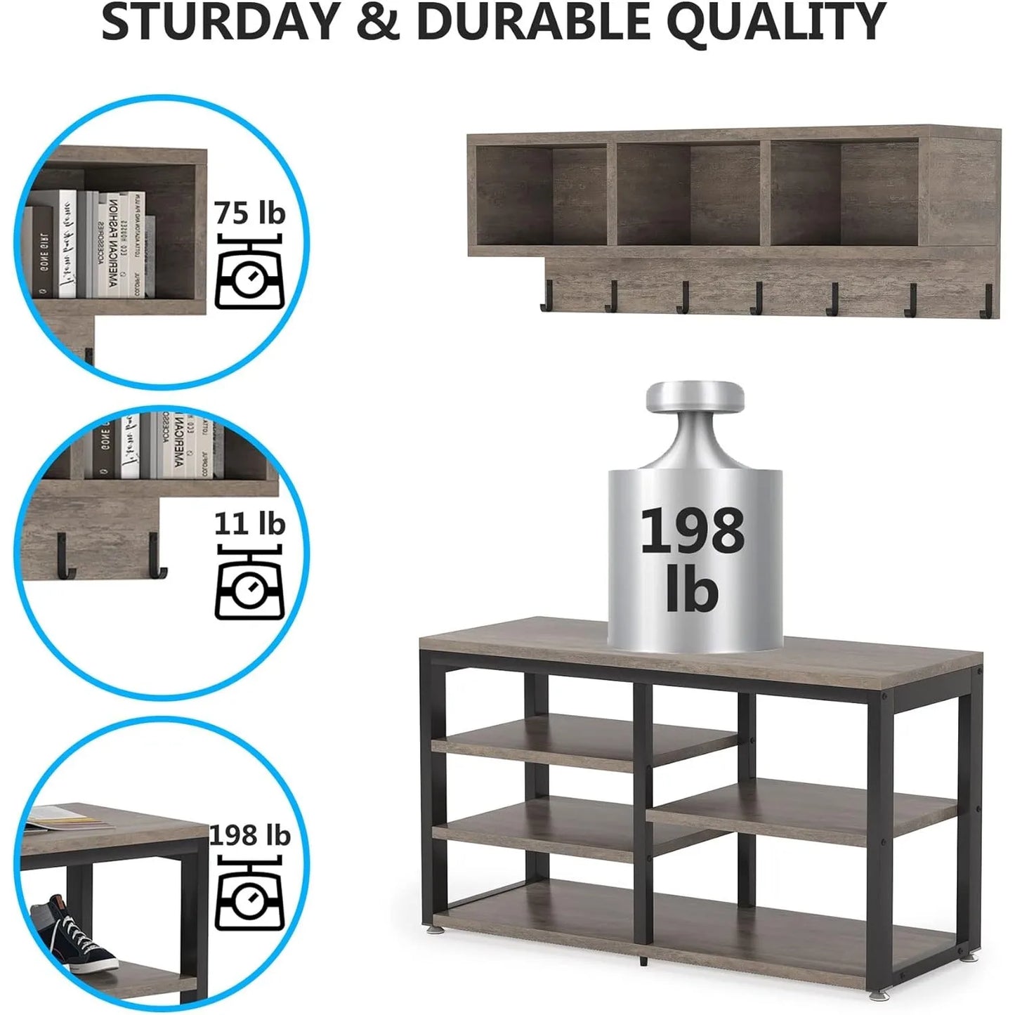 7 Hooks for Entryway Hallway with Shoe Bench Set