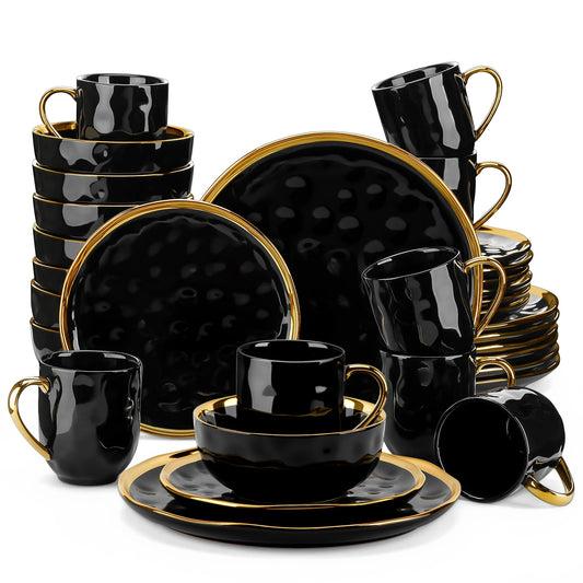 16/32 Piece Black Porcelain Dinnerware Set with Gold Trim