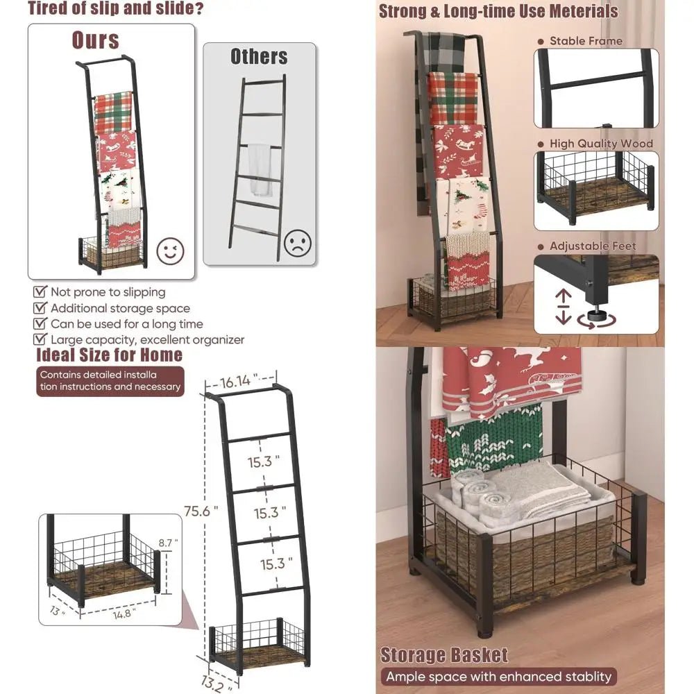 Blanket Ladder with Storage Basket - DailyBasicNeeds.com