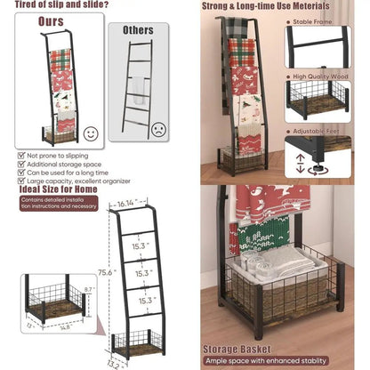 Blanket Ladder with Storage Basket - DailyBasicNeeds.com