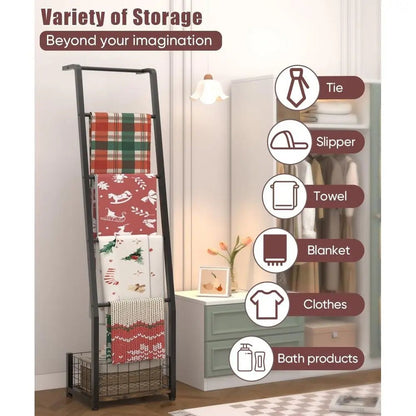 Blanket Ladder with Storage Basket - DailyBasicNeeds.com