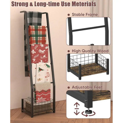 Blanket Ladder with Storage Basket - DailyBasicNeeds.com