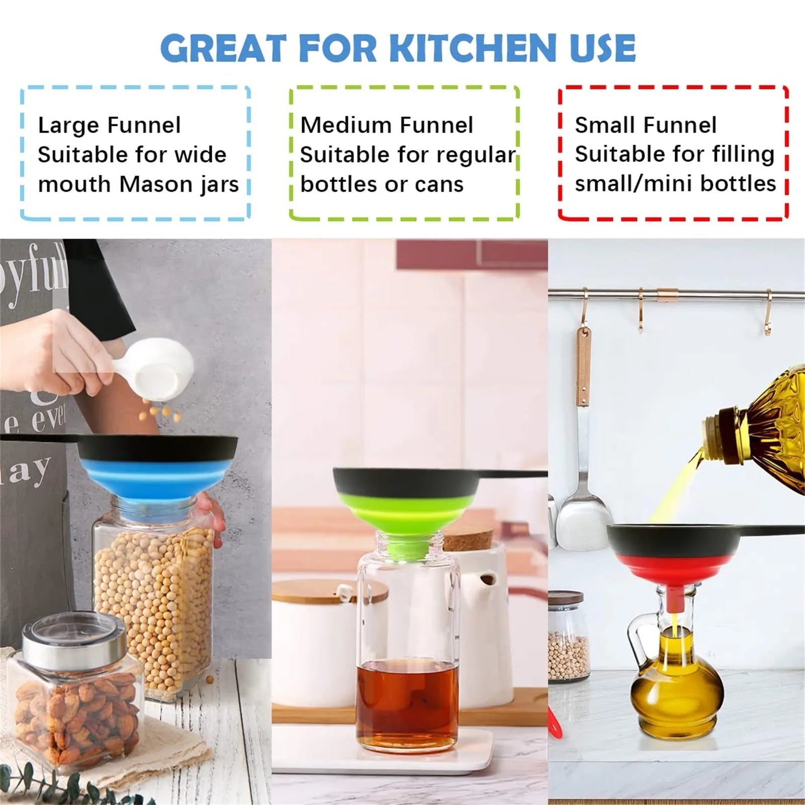 Collapsible Silicone Funnel Set | Space - Saving Kitchen Tool - DailyBasicNeeds.com